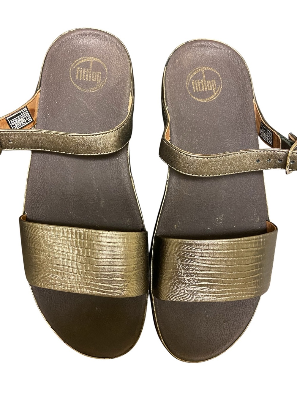FitFlop Women’s Souza Metallic Bronze Leather Wedge Sandals Size 10 Slides Comfy